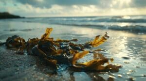 A seaweed on the beach with waves in the background.