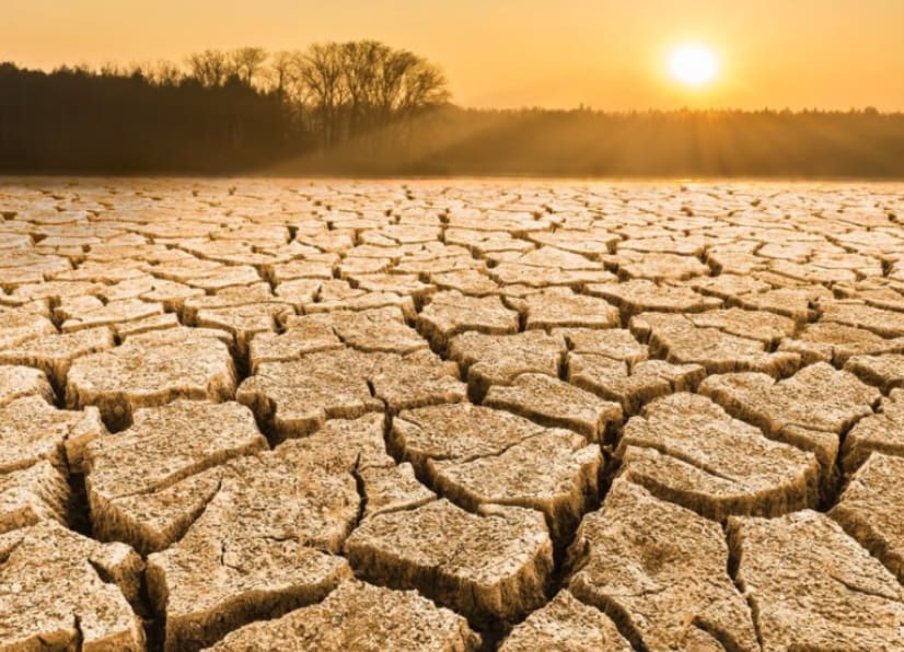 Cracked earth, drought, sunset.