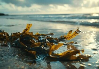 A seaweed on the beach with waves in the background.