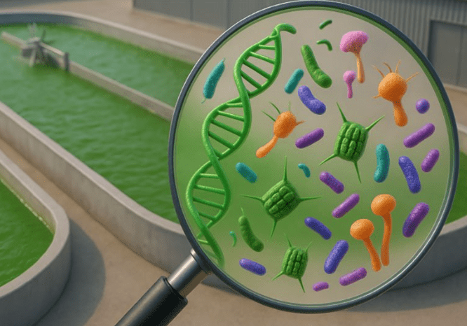 Magnified view of DNA and colorful microbes on a green background.